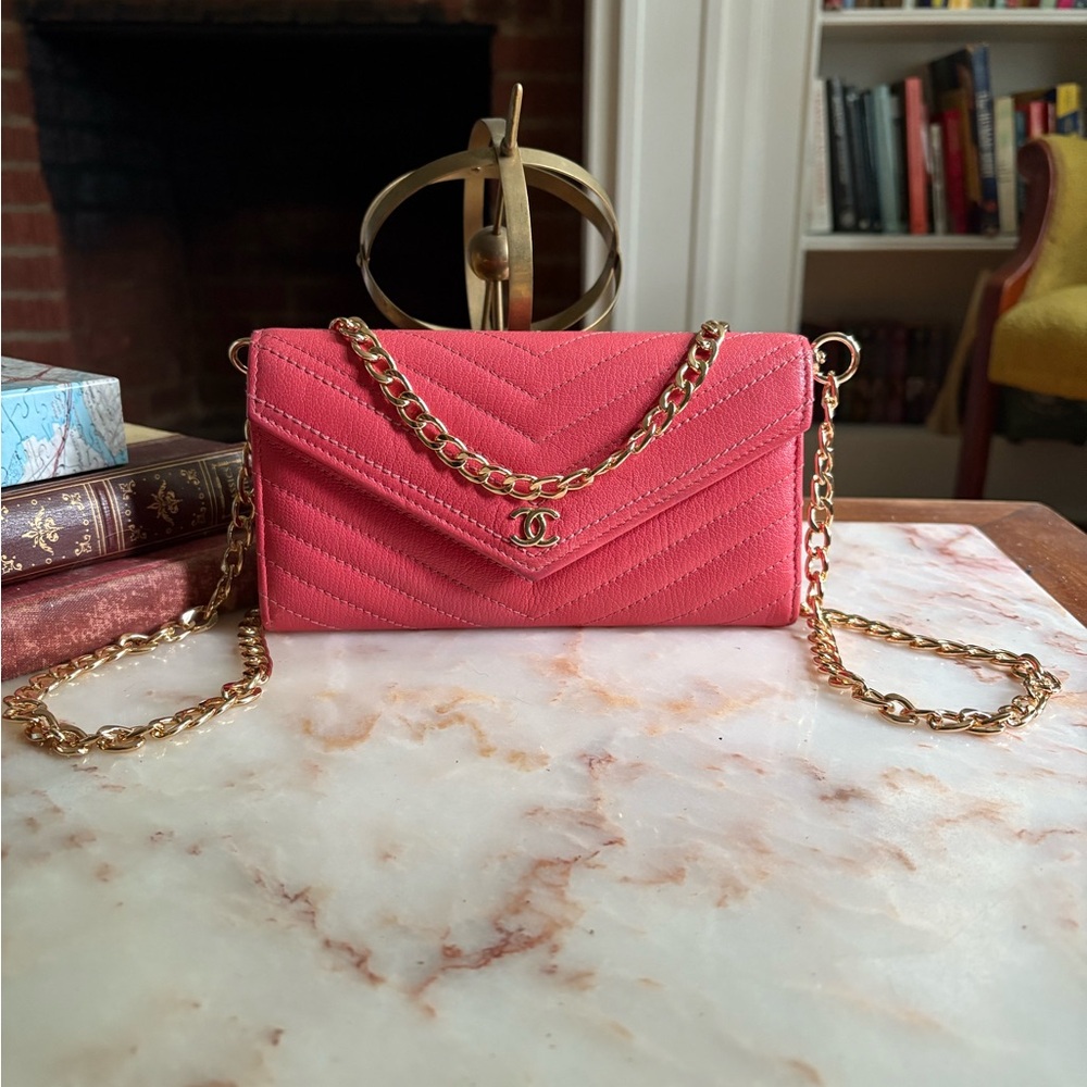 Chanel Pink and Gold Quilted Chevron Wallet with Added Chain